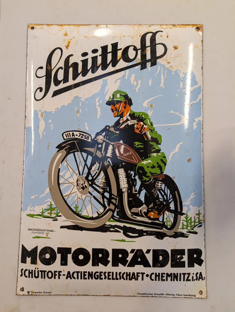 Schüttoff Motorräder emaljeskilt af Walter Biedermann