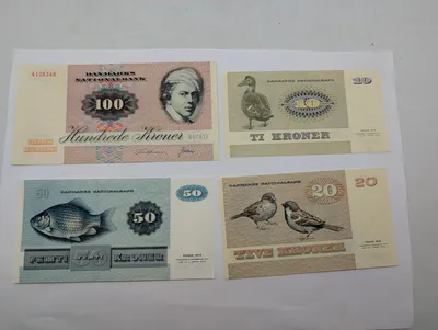 Samling af danske pengesedler fra 1972-serien, 10-100 Kroner