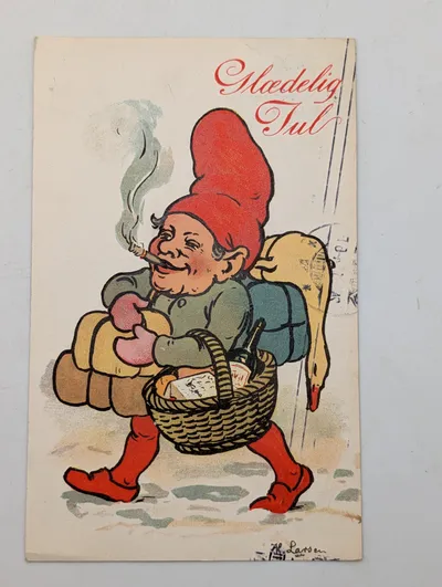 Vintage Danish Christmas Postcard by H. Larsen, Nisse with Cigar and Goose