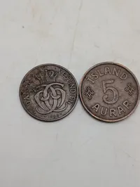 Dansk Vestindien 1 Cent / 5 Bit 1905 og Island 5 Aurar 1942 mønter