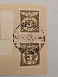 Tysk postkort fra 1943 med mindefrimærker og Berlin-stempler