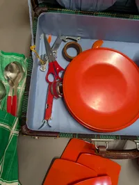Vintage Mid-Century Picnic Set in Fitted Suitcase with Red Melamine Tableware