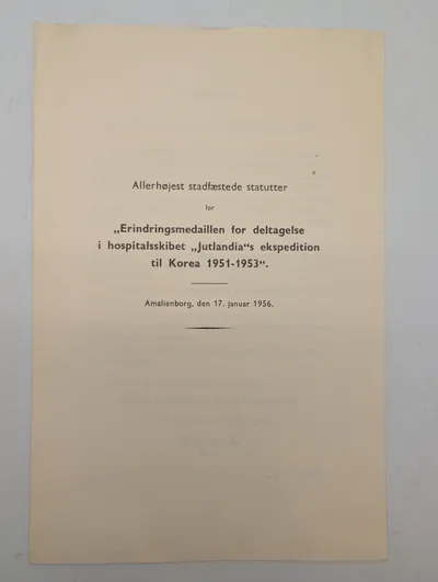 Statutter for Erindringsmedaillen for hospitalsskibet Jutlandia, 1956