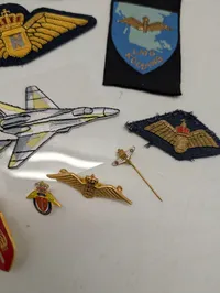 Samling af danske Flyvevåbnet emblemer, stofmærker og pins