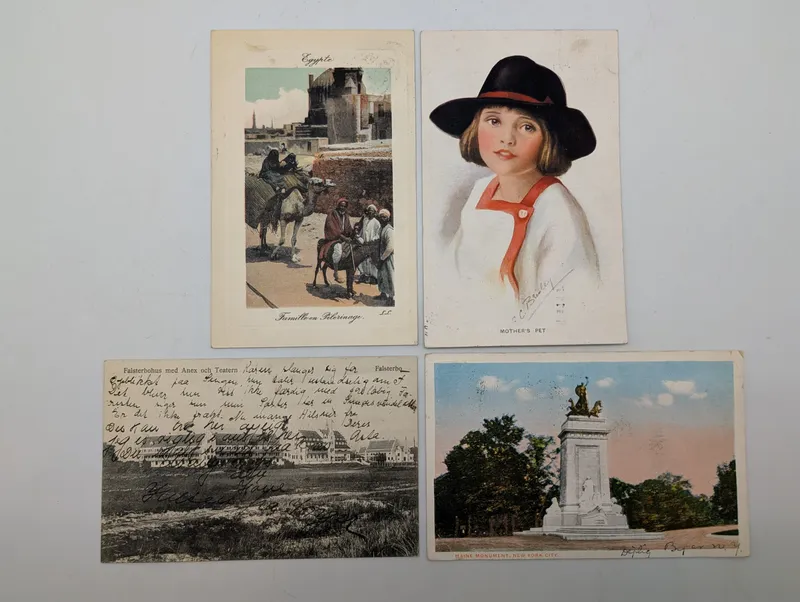 Lot of 4 Vintage Postcards: Egypt, Mother's Pet, Maine Monument, Falsterbohus