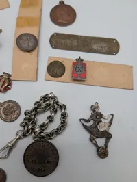 Collection of Vintage Danish Military and Commemorative Medals, Pins, and Coins