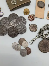 Collection of Vintage Danish Military and Commemorative Medals, Pins, and Coins