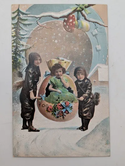 Antique German Chromolithograph Postcard Featuring Children and Giant Egg