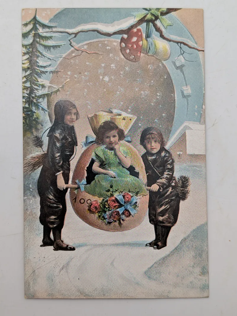 Antique German Chromolithograph Postcard Featuring Children and Giant Egg