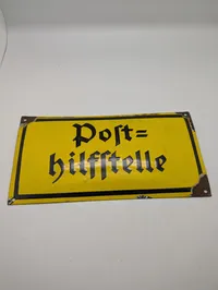 Antik tysk emaljeskilt med teksten Post-hilfsstelle WW2. Originalt 