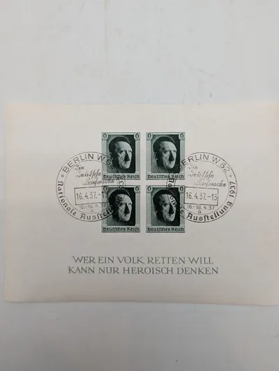 Tysk frimærkeark fra 1937 med Adolf Hitler og særstempel