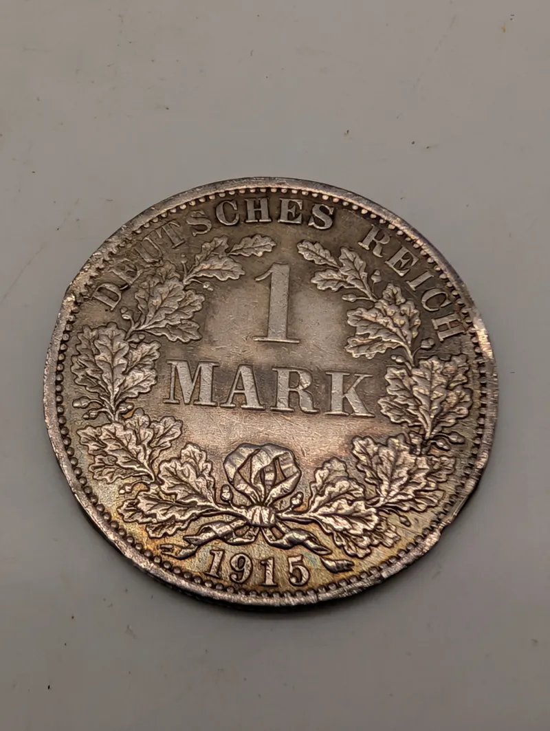 1915 German Empire 1 Mark Silver Coin, Berlin Mint