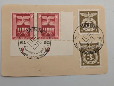 Tysk postkort fra 1943 med mindefrimærker og Berlin-stempler