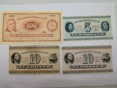 Samling af danske pengesedler, 5, 10 og 100 kroner