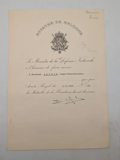 Belgisk Modstandsmedalje Diplom, Roger-Léon-Ghislain Sevrin, 1950