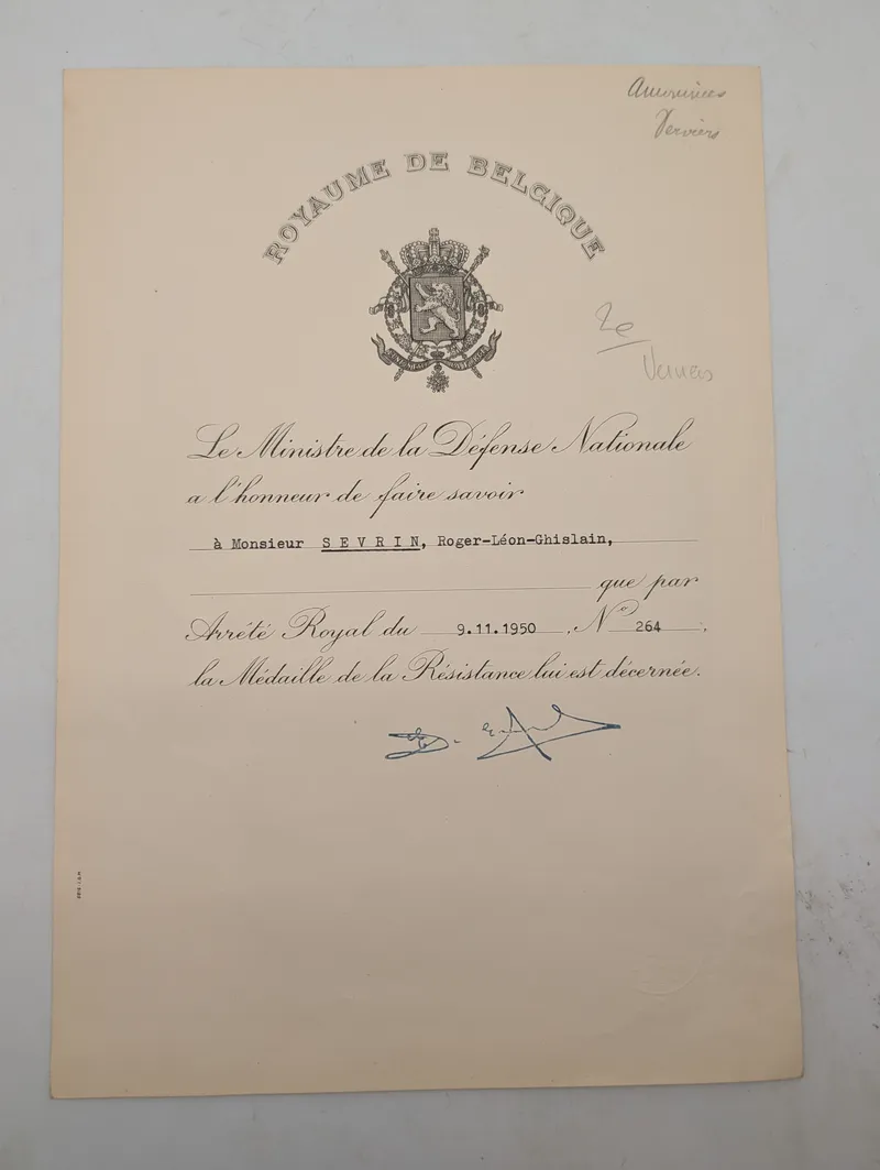 Belgisk Modstandsmedalje Diplom, Roger-Léon-Ghislain Sevrin, 1950