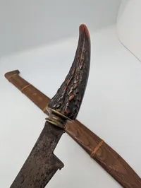 Southeast Asian Parang Machete with Stag Horn Hilt and Wooden Scabbard