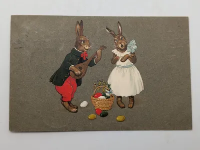 Vintage Anthropomorphic Easter Bunny Postcard with Lute and Basket