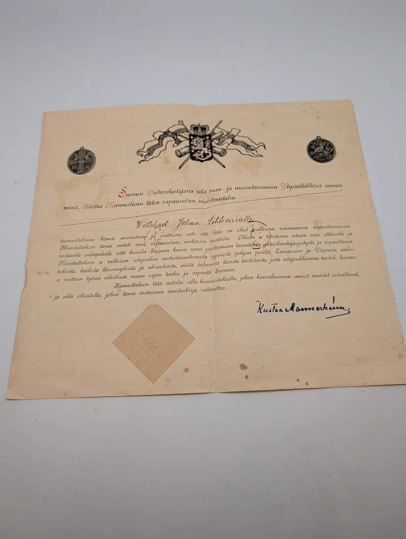 Finsk Vapaussodan muistomitali 1918 diplom underskrevet af Mannerheim