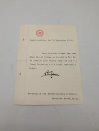 Takkebrev fra Hans Majestæt Kongens Intendantur, Christiansborg 1943