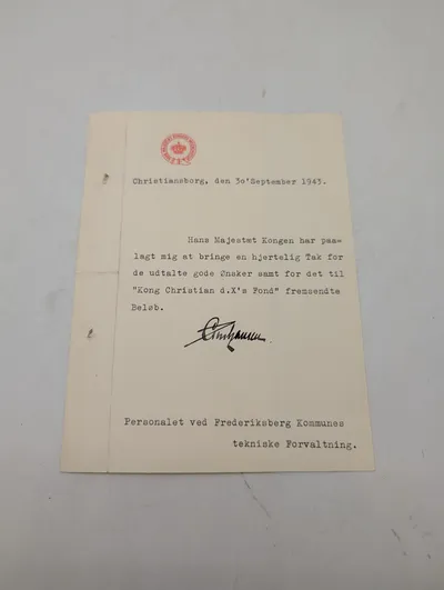 Takkebrev fra Hans Majestæt Kongens Intendantur, Christiansborg 1943