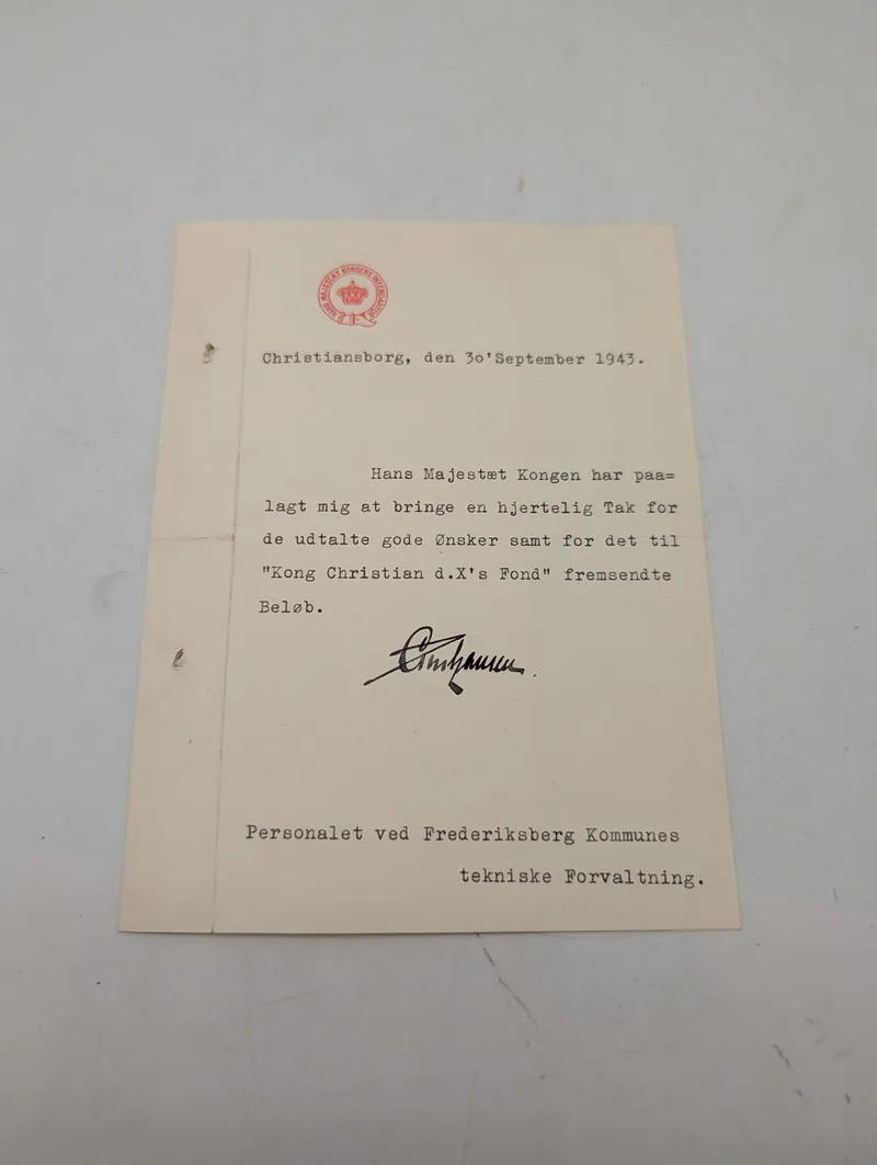 Takkebrev fra Hans Majestæt Kongens Intendantur, Christiansborg 1943