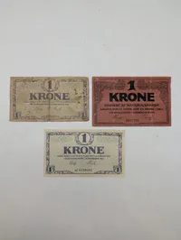 Tre danske 1 Krone nødpenge-sedler fra Nationalbanken, 1914-1921