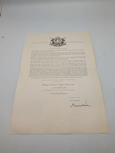 Finsk krigsmindediplom fra Vinterkrigen 1939-1940, underskrevet af Mannerheim