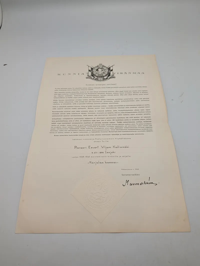 Finsk krigsmindediplom fra Vinterkrigen 1939-1940, underskrevet af Mannerheim