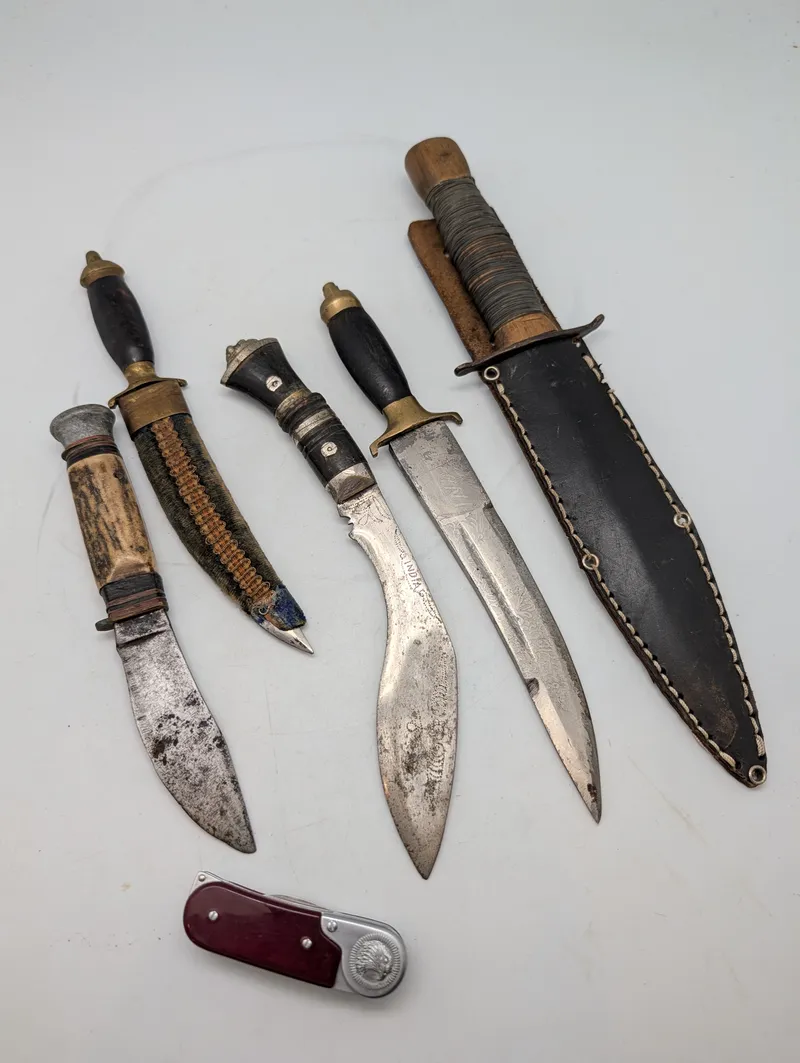 Collection of Vintage Fixed Blade Knives and Kukri with Sheaths