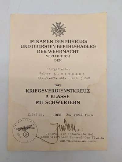 Tysk Krigsfortjenestekors 2. Klasse med Sværd, Dokument 1943