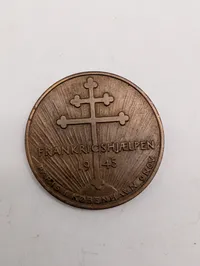 Frankrigshjælpen 1945 bronze medalje og nål med Lothringen-kors