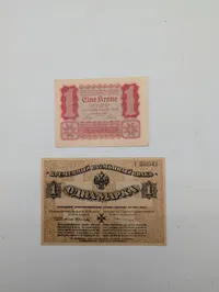 Lot of 2 Vintage Banknotes: 1922 Austrian 1 Krone and 1919 Russian 1 Marka