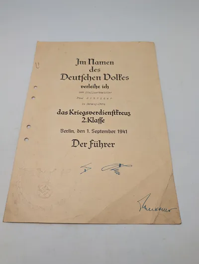 Tysk Krigsfortjenestekors 2. Klasse Tildelingsbevis til Paul Schröder, 1941