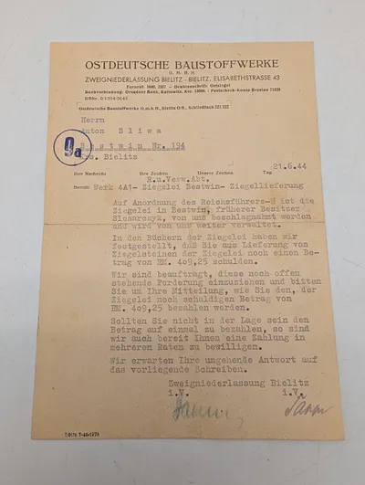 Tysk besættelsesdokument fra Ostdeutsche Baustoffwerke, Bielitz 1944