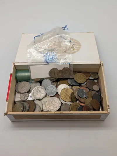 Mixed International Coin Collection in Vintage Cigar Box