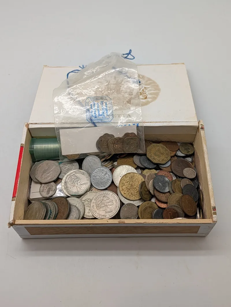 Mixed International Coin Collection in Vintage Cigar Box