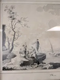 Sø kadet tegning Nicolay Wulff (1783-1807), tuschtegning,  flodparti med personer