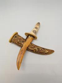 Chinese Carved Bone Ceremonial Dagger with Dragon and Phoenix Scabbard