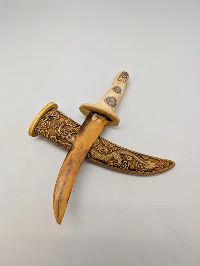Chinese Carved Bone Ceremonial Dagger with Dragon and Phoenix Scabbard