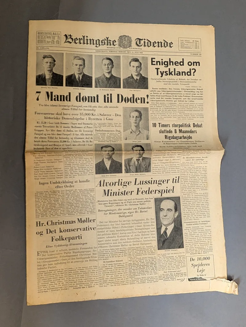 Berlingske Tidende avis fra 11. juli 1946 med Peter-gruppen domsafsigelse