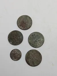 Samling af 5 danske skillingmønter fra 1700-tallet
