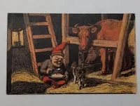 Vintage Scandinavian Christmas Postcard Featuring Nisse in Stable