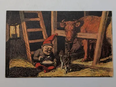 Vintage Scandinavian Christmas Postcard Featuring Nisse in Stable