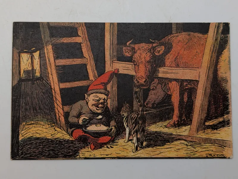 Vintage Scandinavian Christmas Postcard Featuring Nisse in Stable