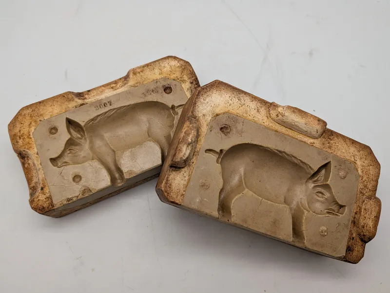 Antique Two-Piece Ceramic Pig Casting Mold'