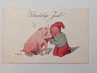 Axel Larsen Vintage Danish Christmas Postcard featuring Nisse and Pig