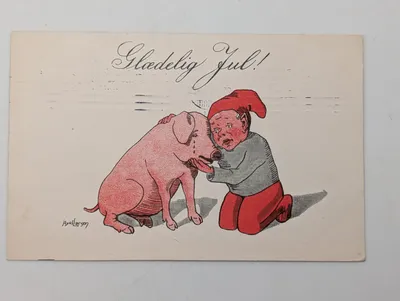 Axel Larsen Vintage Danish Christmas Postcard featuring Nisse and Pig