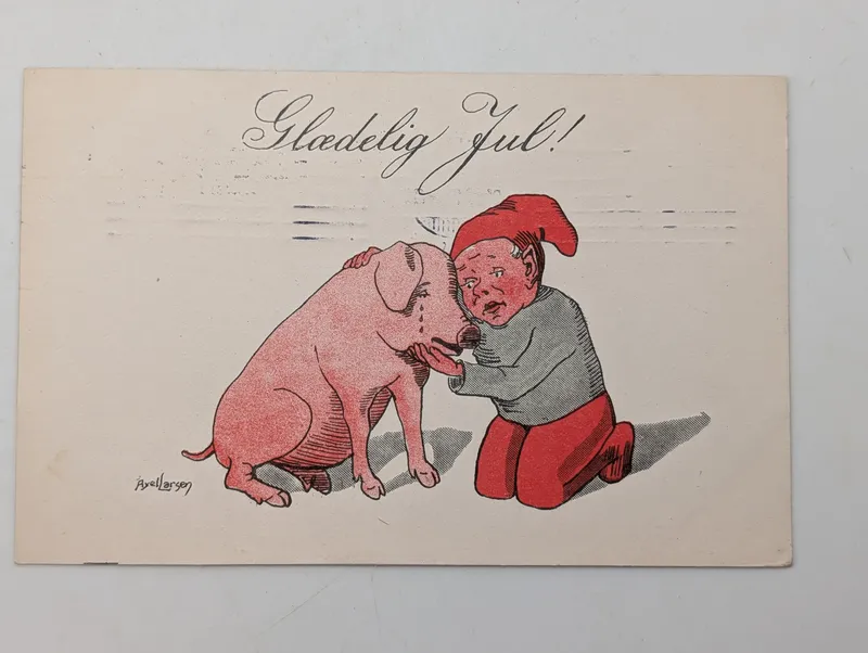 Axel Larsen Vintage Danish Christmas Postcard featuring Nisse and Pig