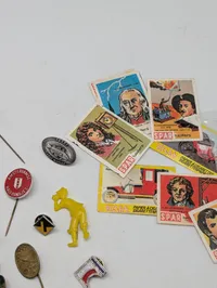 Vintage Collection of Advertising Lapel Pins and Spar Matchbox Labels